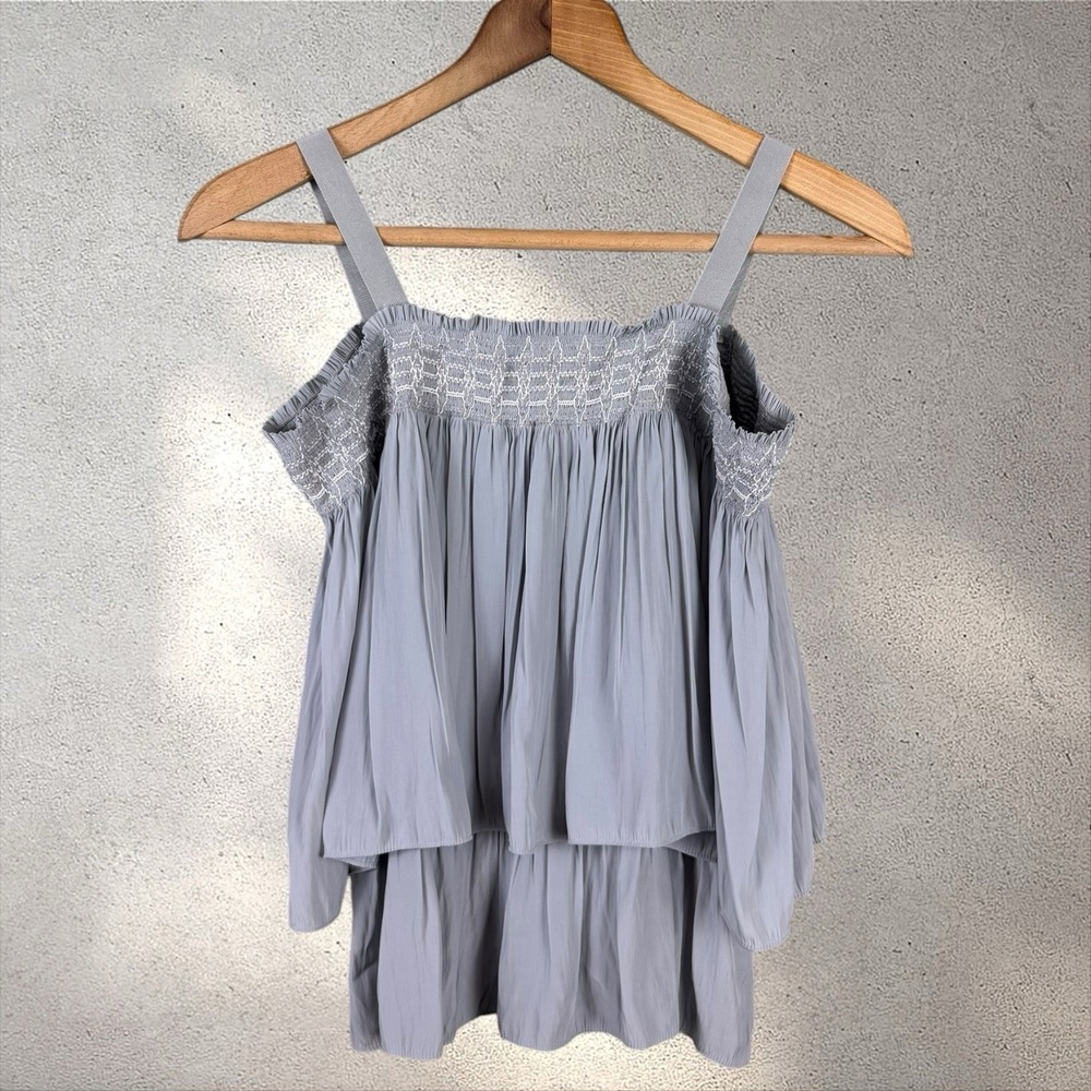 Ramy Brook Smocked Tiered Cami Top Blouse Blue XS Square Neck Pullover